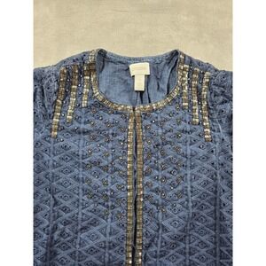 Chicos Top Shirt Blouse Womens Size 1 Blue Embellished Open Front *Read